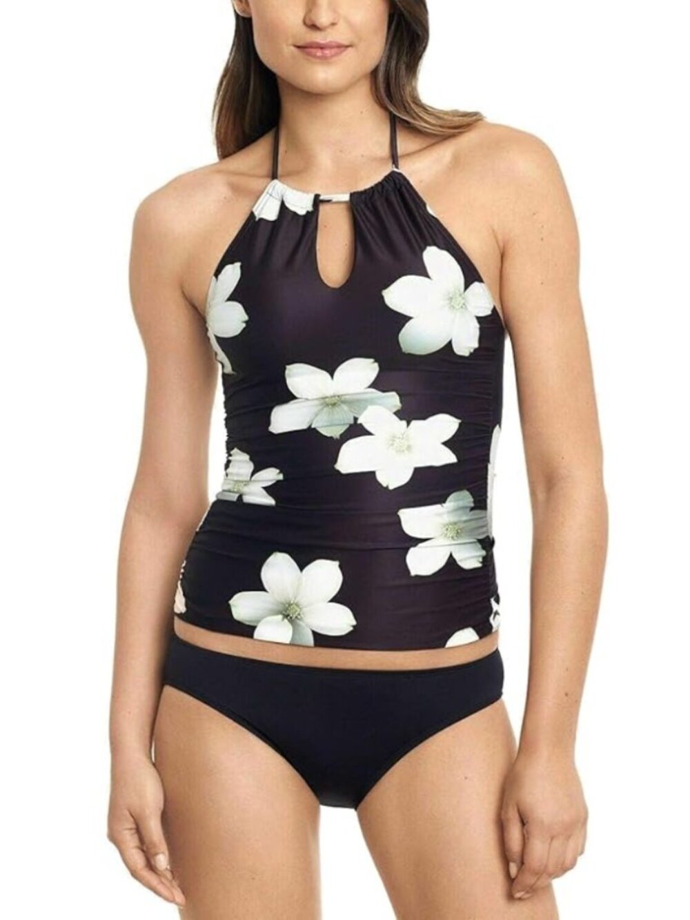 RALPH LAUREN Black Floral Stretch High Neck Adjustable Tankini Swimsuit Sz 2 NWT